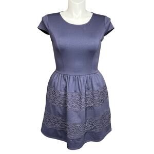 LC Lauren Conrad Womens Dress Fitted Bodice Bell Skirt Lace Blue Cap Sleeves 10